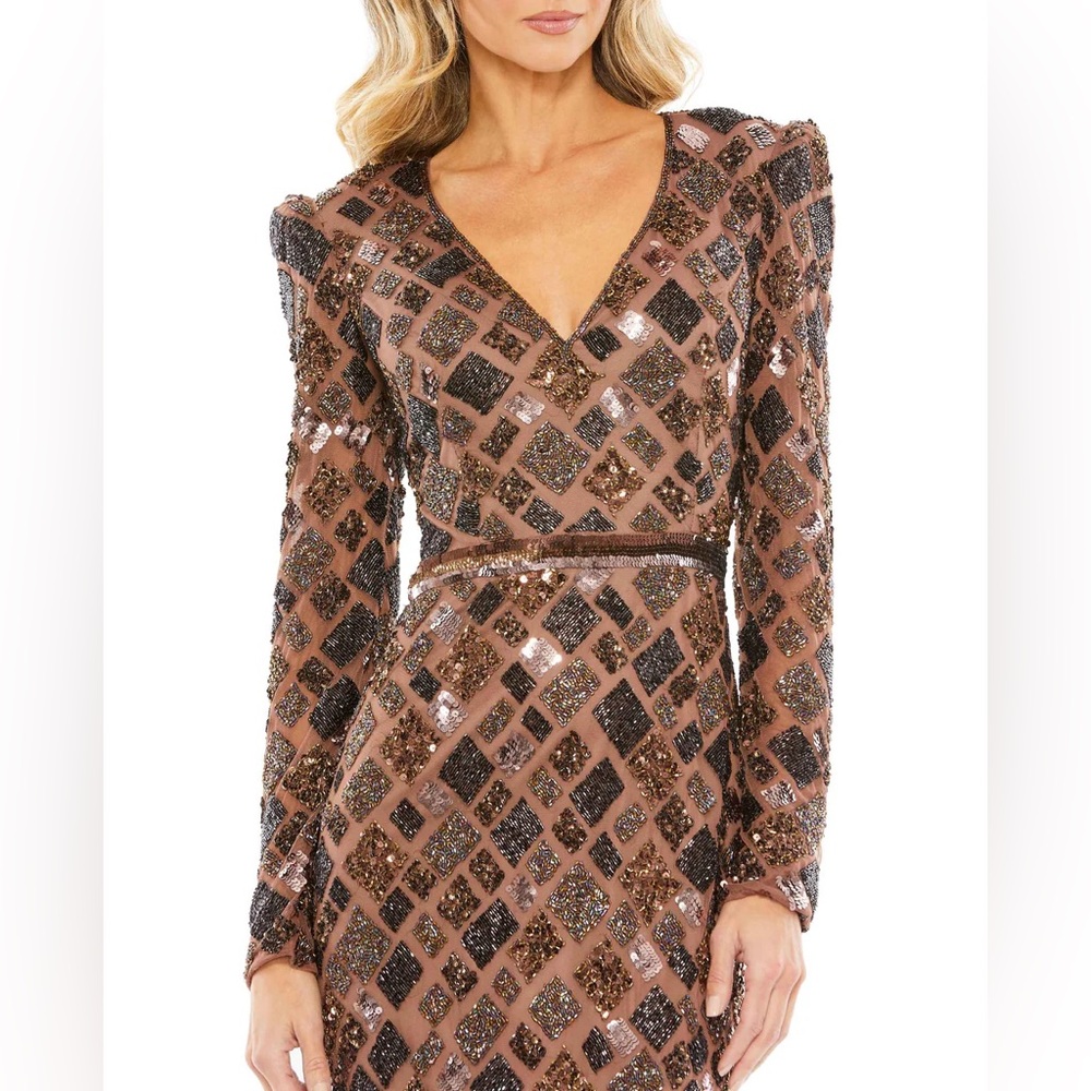 MAC DUGGAL size 14 Brown Geo Embellished Midi Sheath Dress - Picture 1 of 9